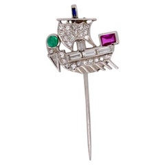 Art Deco Platinum Drakkar Multi-Gemstone Stick Pin