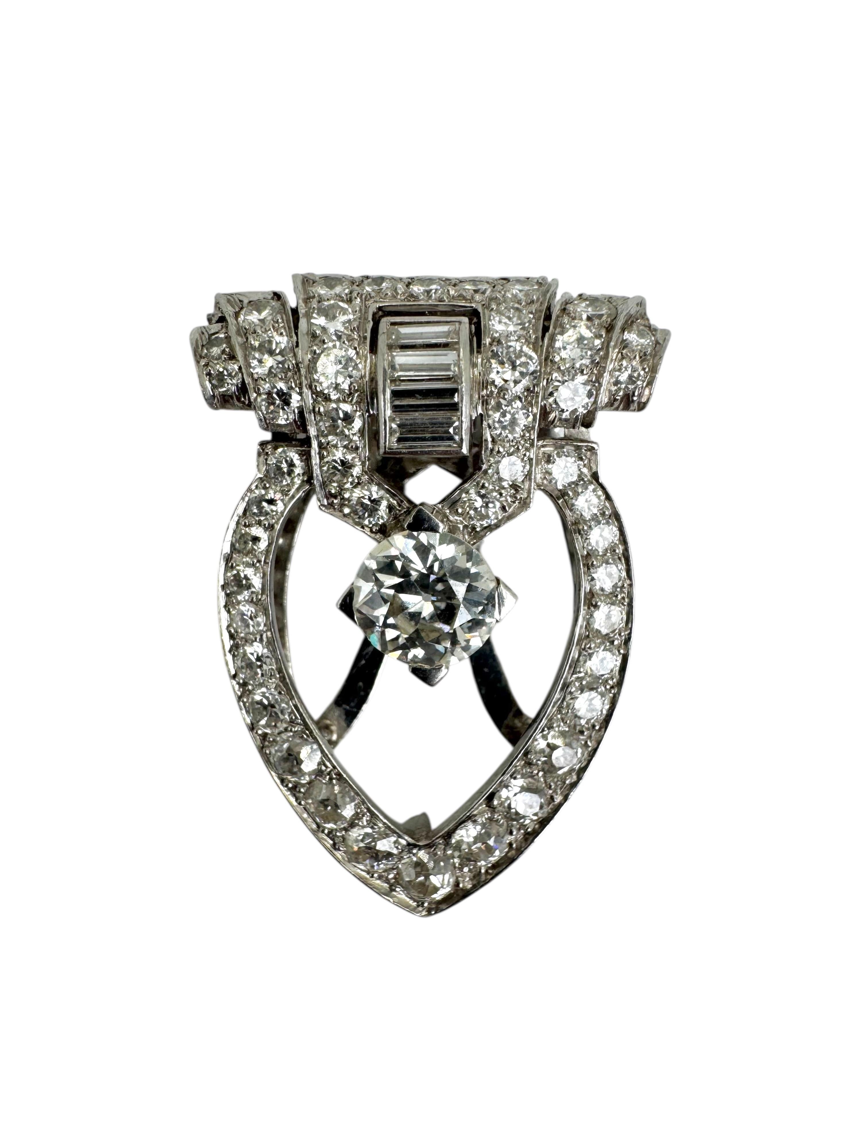 Fermaglio in platino Art Deco con diamante vecchio taglio europeo in sospensione in vendita 1