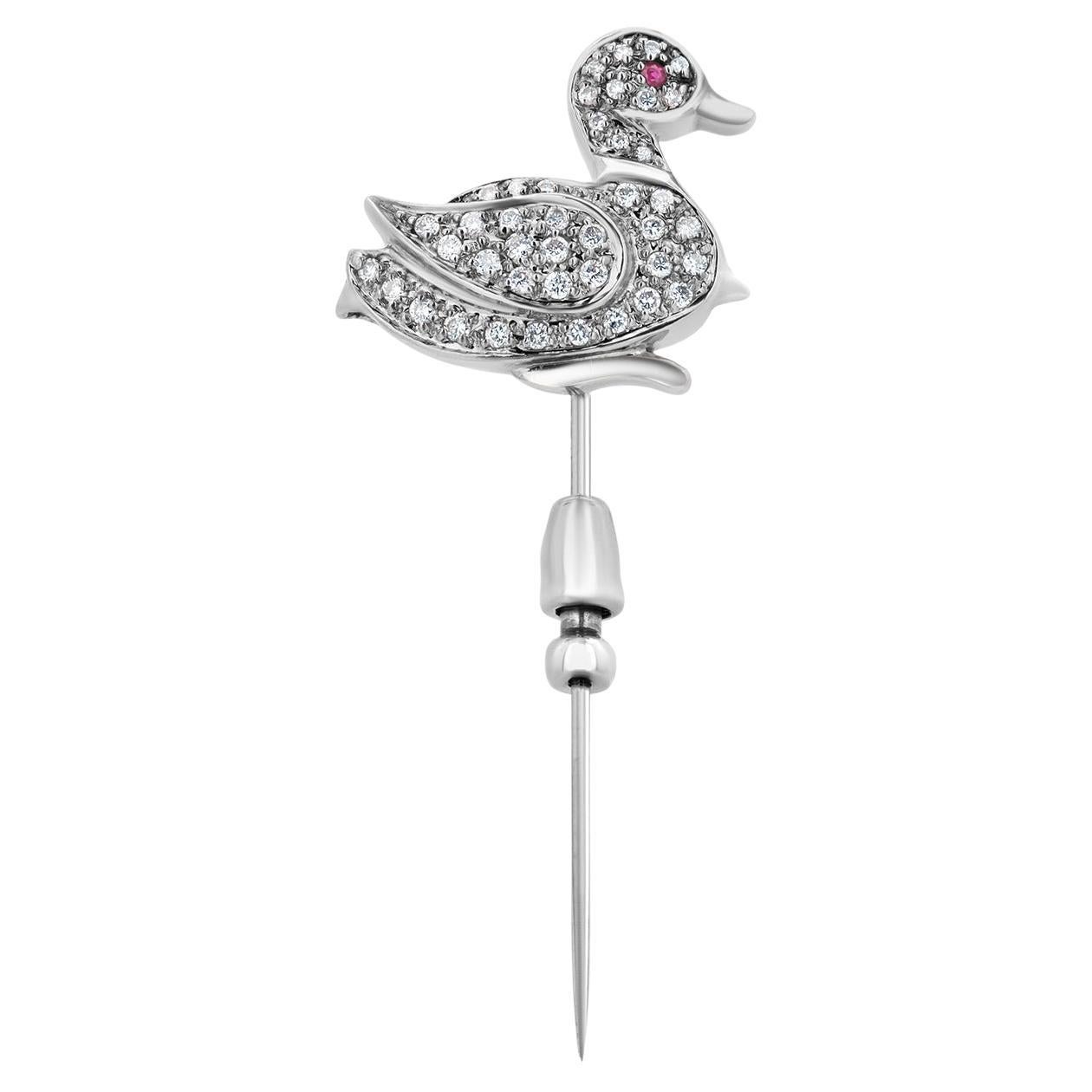 Art Deco Platinum Duck Stick Pin Diamond Accents and Ruby Eye Early 20th Century