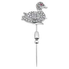 Art Deco Platinum Duck Stick Pin Diamond Accents and Ruby Eye Early 20th Century