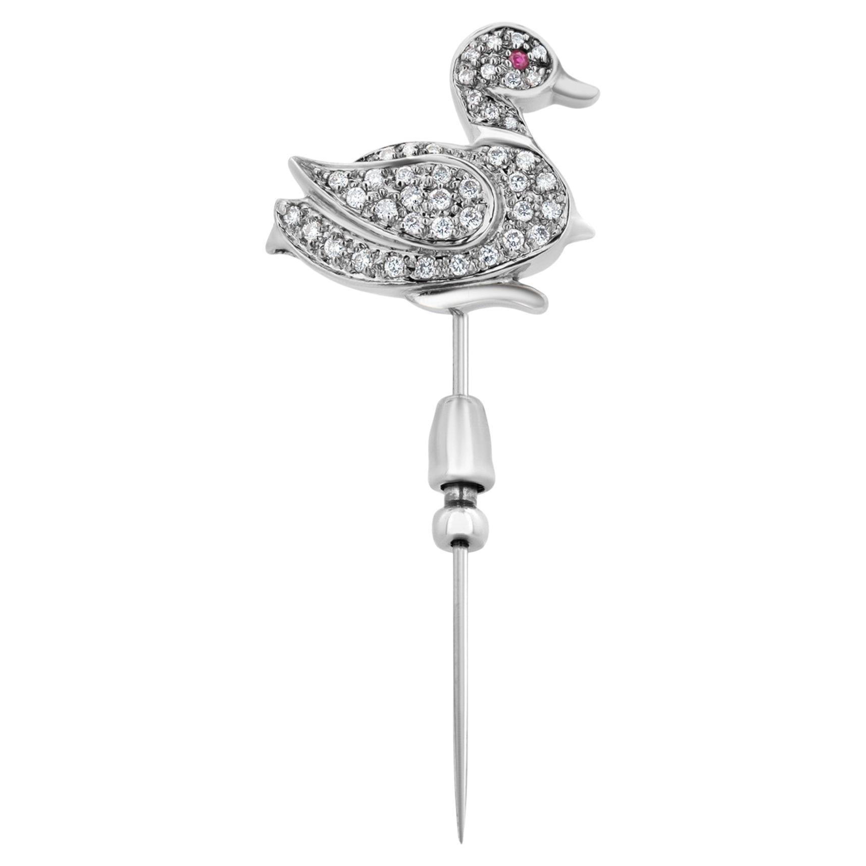 Art Deco Platin Entenstick Pin Diamant-Akzente und Rubin-Auge frühes 20. Jahrhundert