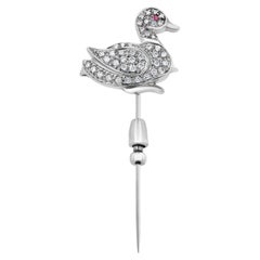 Art Deco Platinum Duck Stick Pin Diamond Accents and Ruby Eye Early 20th Century