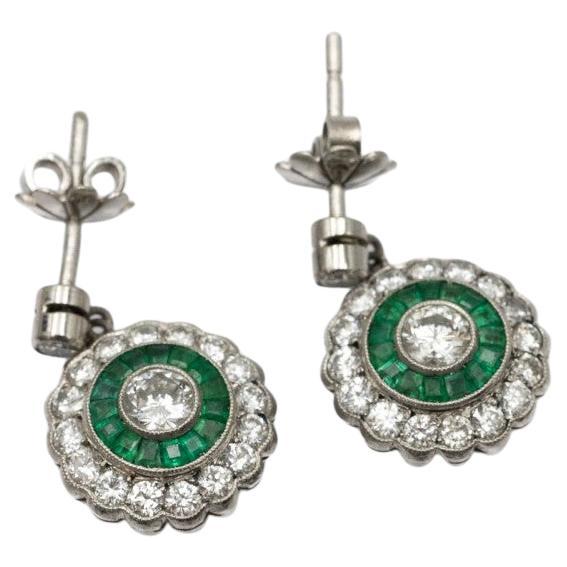 Art Deco platinum earrings with emeralds and 1.80ct diamonds