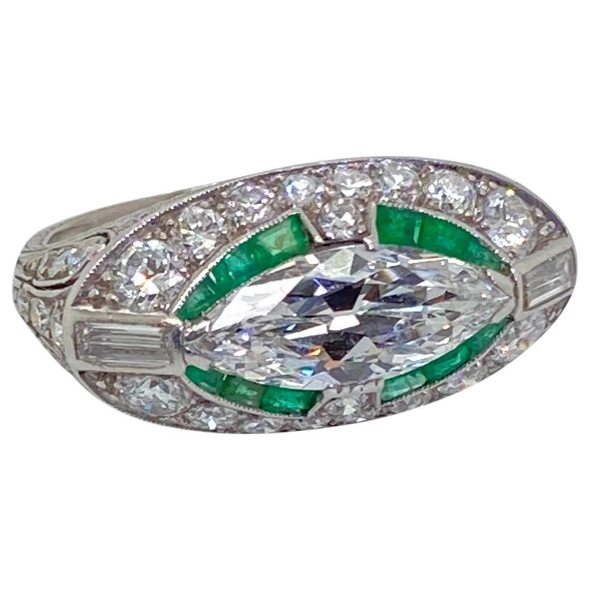 Art Deco Platinum East West Marquise Cut Diamond and Emerald Ring 3