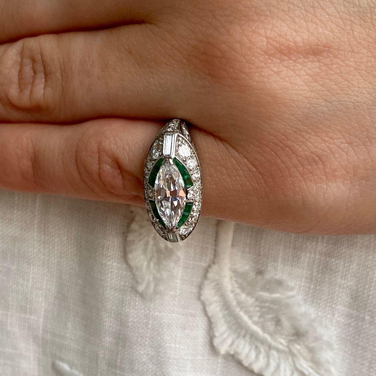 Art Deco Platinum East West Marquise Cut Diamond and Emerald Ring 7