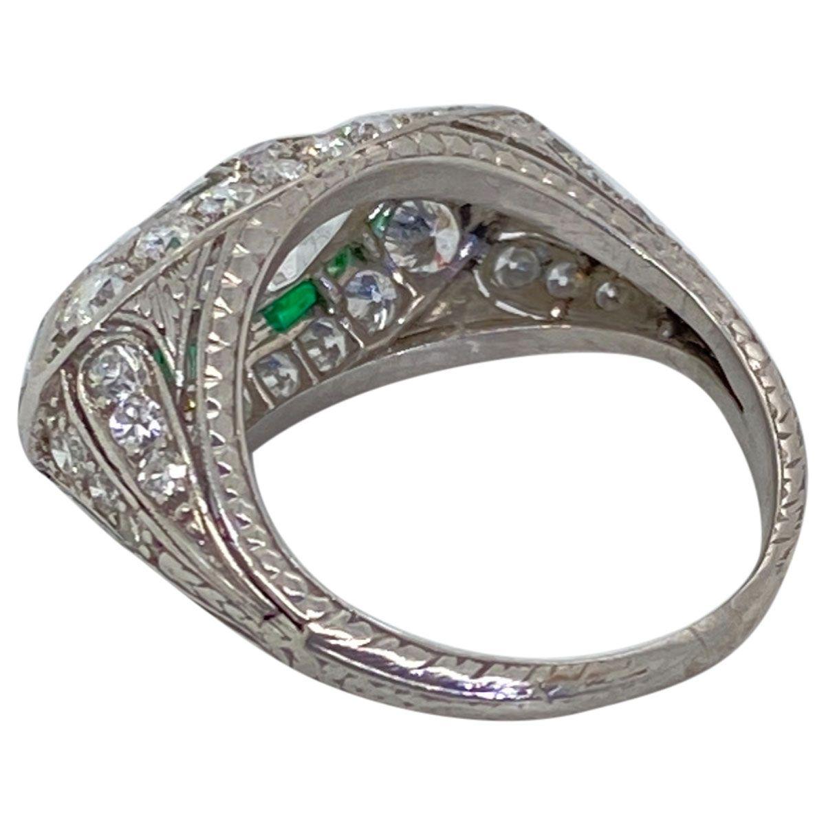 Art Deco Platinum East West Marquise Cut Diamond and Emerald Ring In Good Condition In QLD , AU