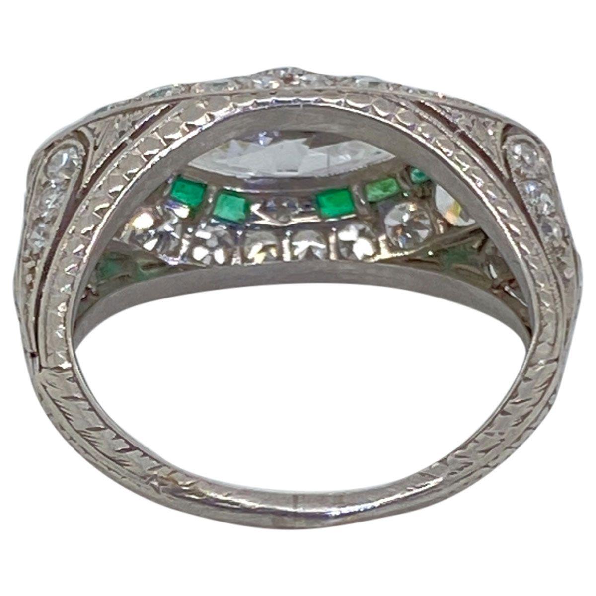Women's Art Deco Platinum East West Marquise Cut Diamond and Emerald Ring