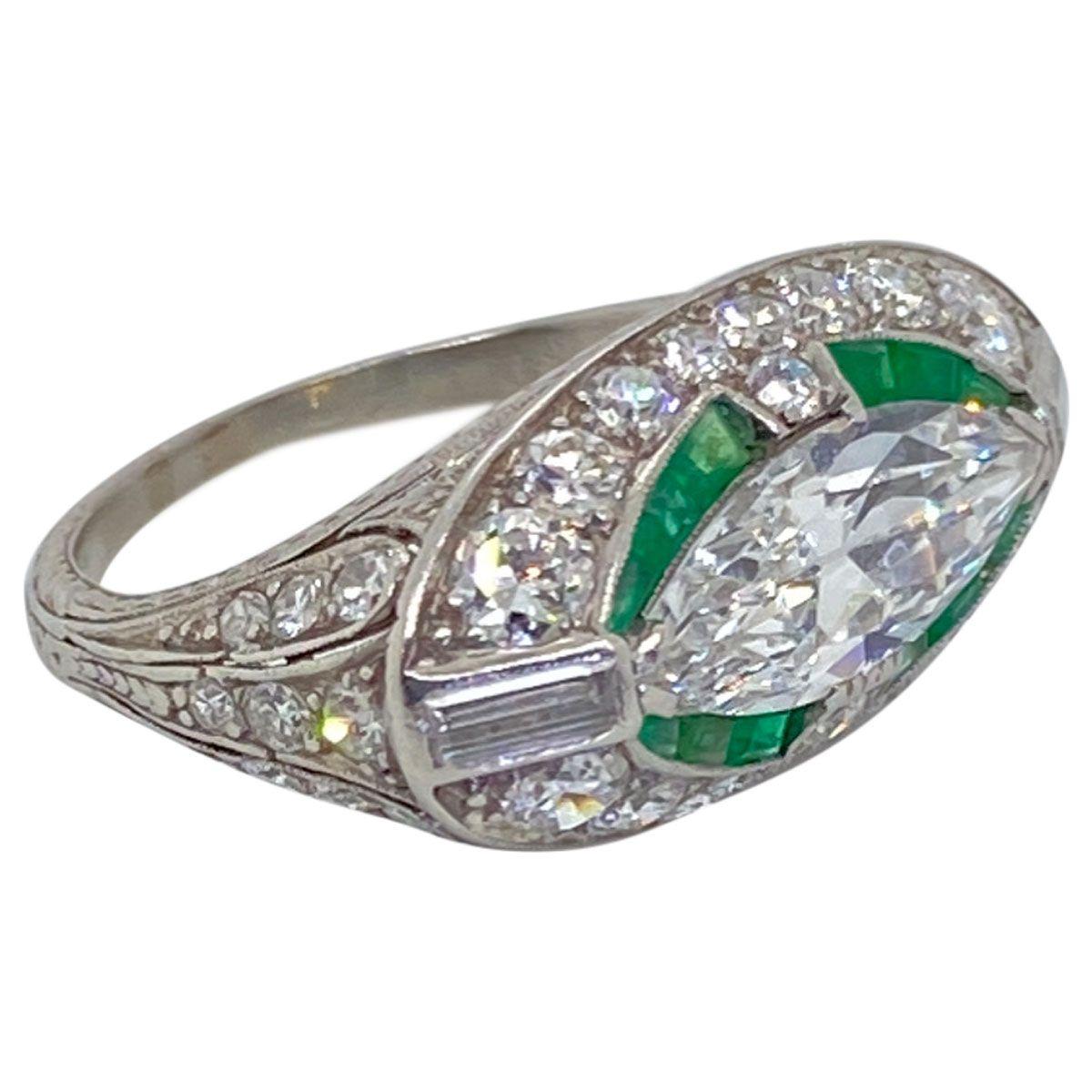 Art Deco Platinum East West Marquise Cut Diamond and Emerald Ring 2