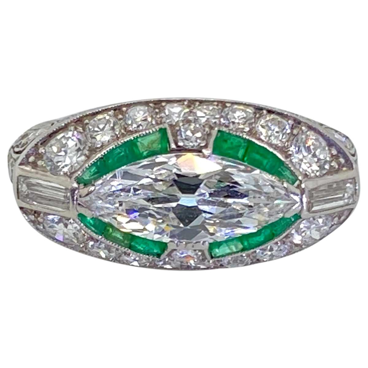 Art Deco Platinum East West Marquise Cut Diamond and Emerald Ring