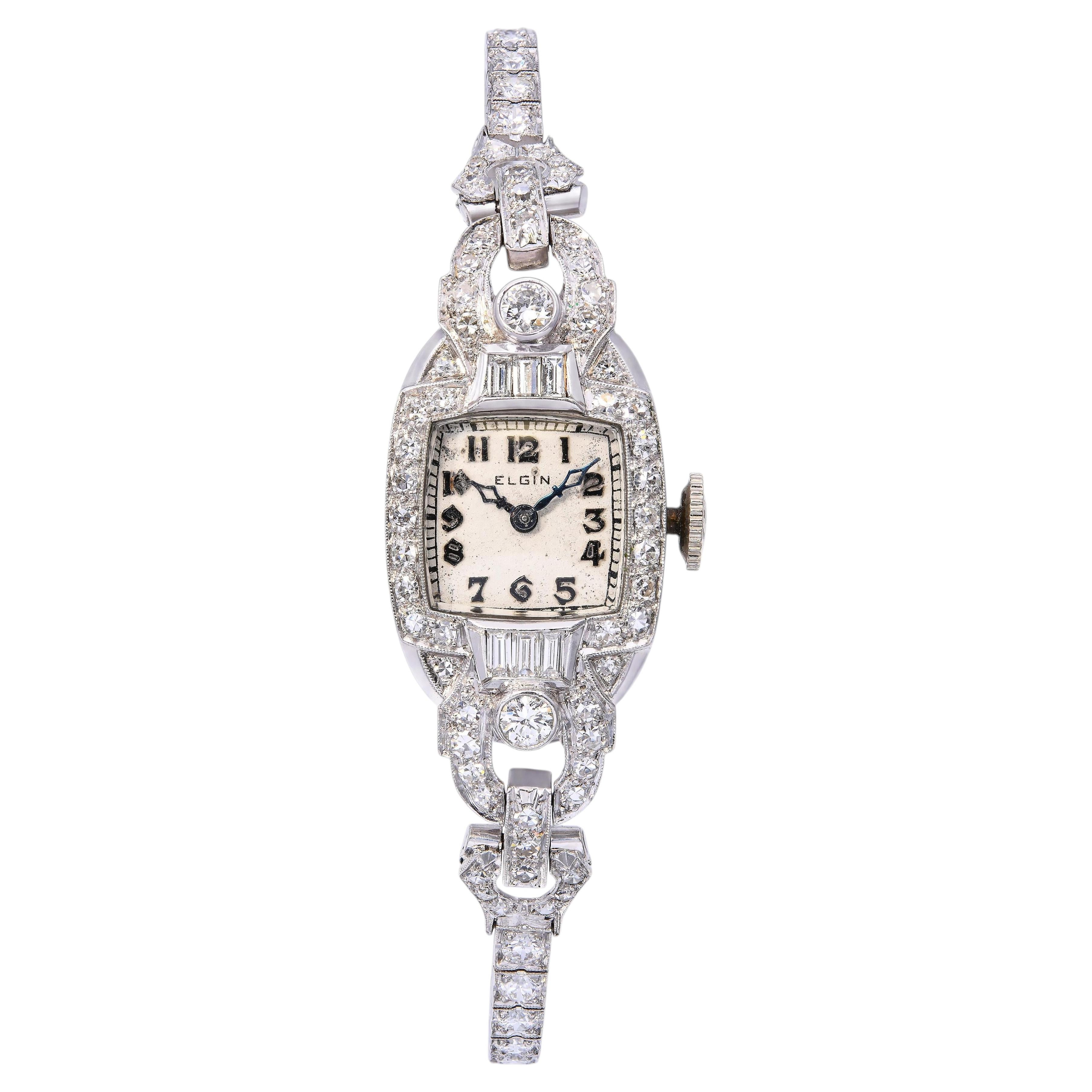 Reloj de vestir para mujer Art Déco de platino, Elgin, con pavé de diamantes de 2,7 tcw, H, Si1