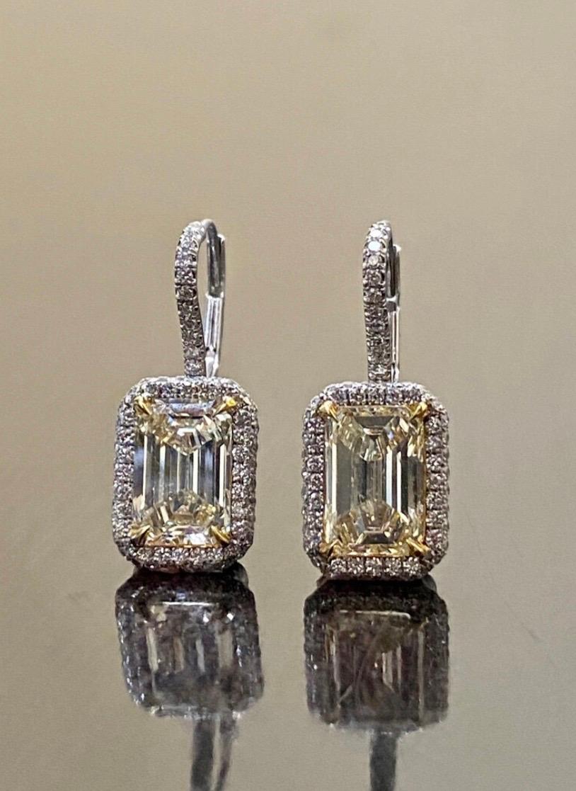 Art Deco Platinum Elongated Emerald Cut Halo Yellow Diamond Earrings For Sale 6