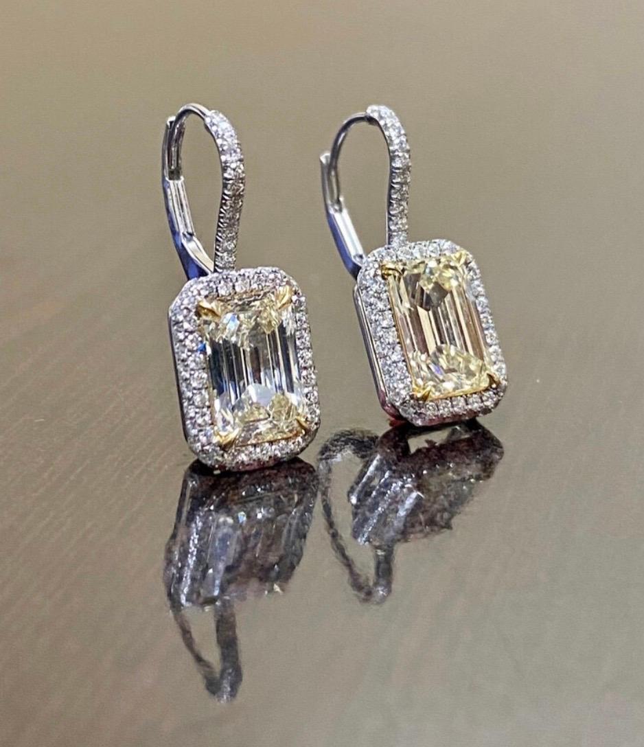 Art Deco Platinum Elongated Emerald Cut Halo Yellow Diamond Earrings In New Condition For Sale In Los Angeles, CA