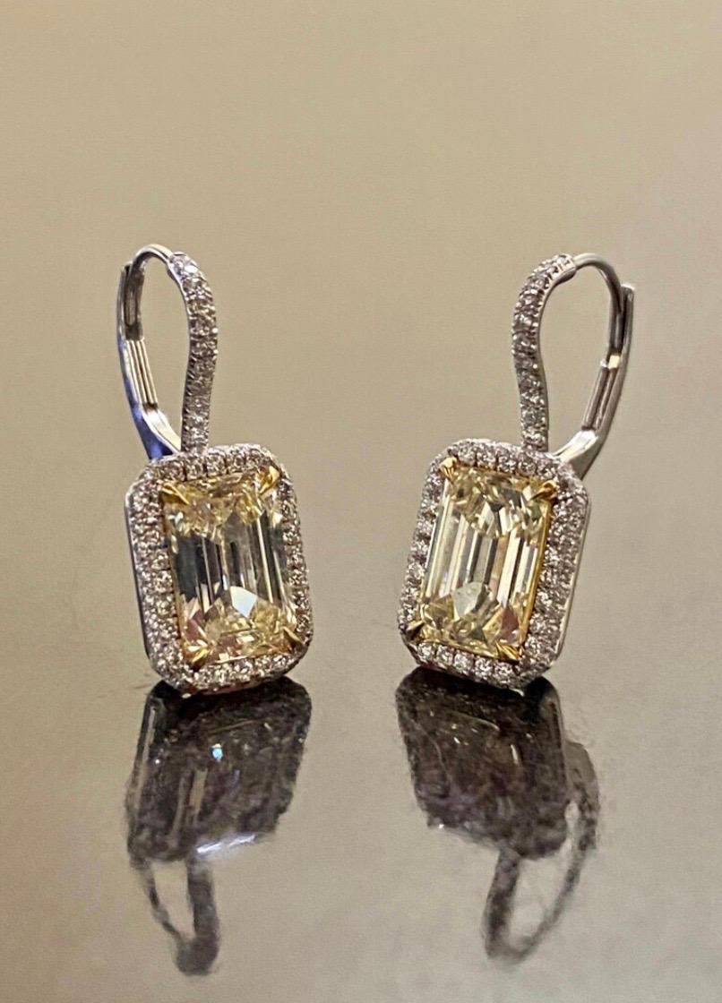 Women's Art Deco Platinum Elongated Emerald Cut Halo Yellow Diamond Earrings For Sale