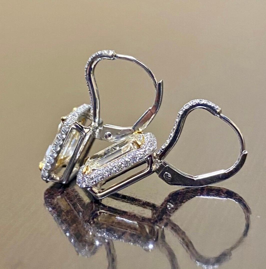 Art Deco Platinum Elongated Emerald Cut Halo Yellow Diamond Earrings For Sale 1