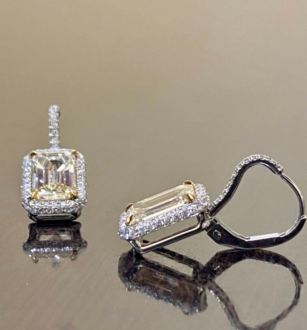 Art Deco Platinum Elongated Emerald Cut Halo Yellow Diamond Earrings For Sale 2