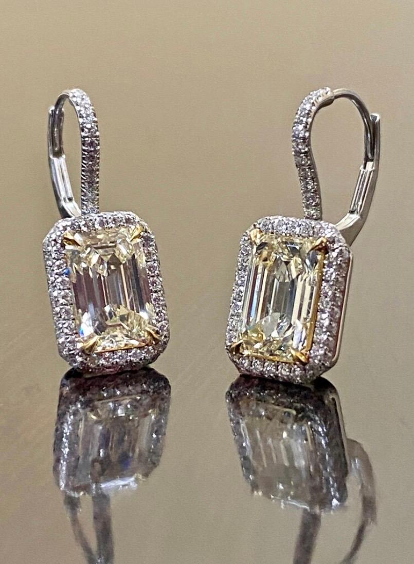 Art Deco Platinum Elongated Emerald Cut Halo Yellow Diamond Earrings For Sale 3