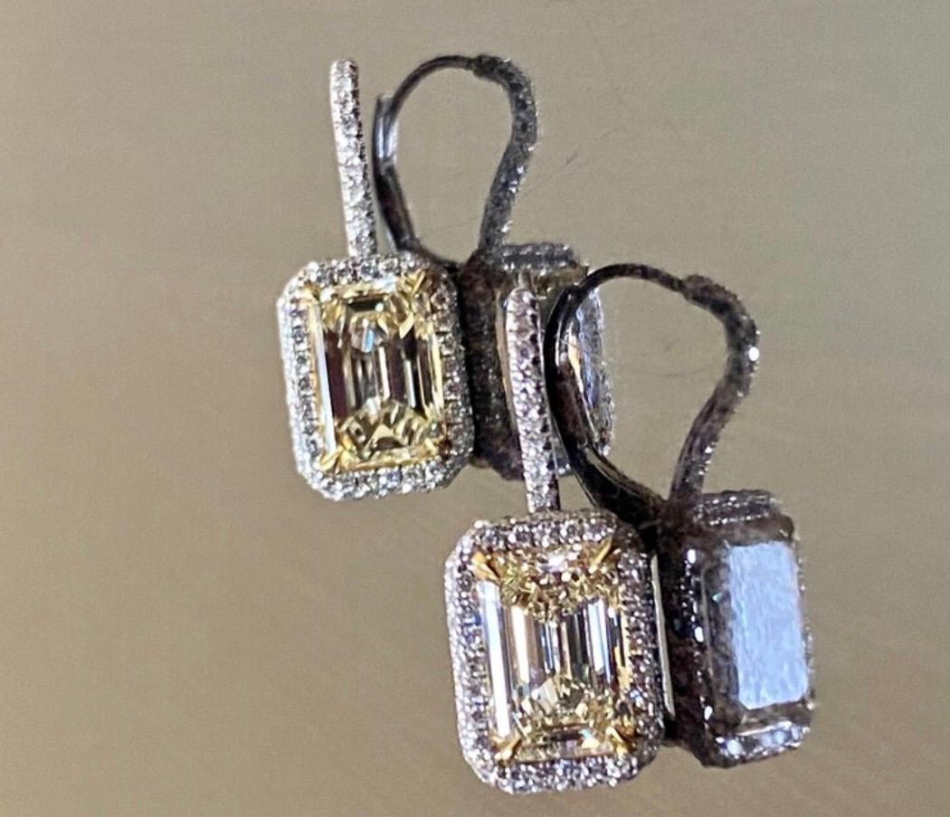 Art Deco Platinum Elongated Emerald Cut Halo Yellow Diamond Earrings For Sale 4