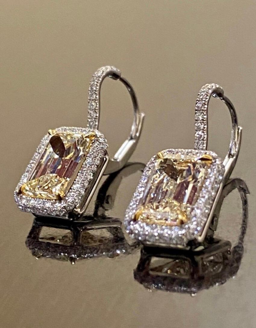Art Deco Platinum Elongated Emerald Cut Halo Yellow Diamond Earrings For Sale 5