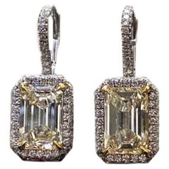 Art Deco Platinum Elongated Emerald Cut Halo Yellow Diamond Earrings