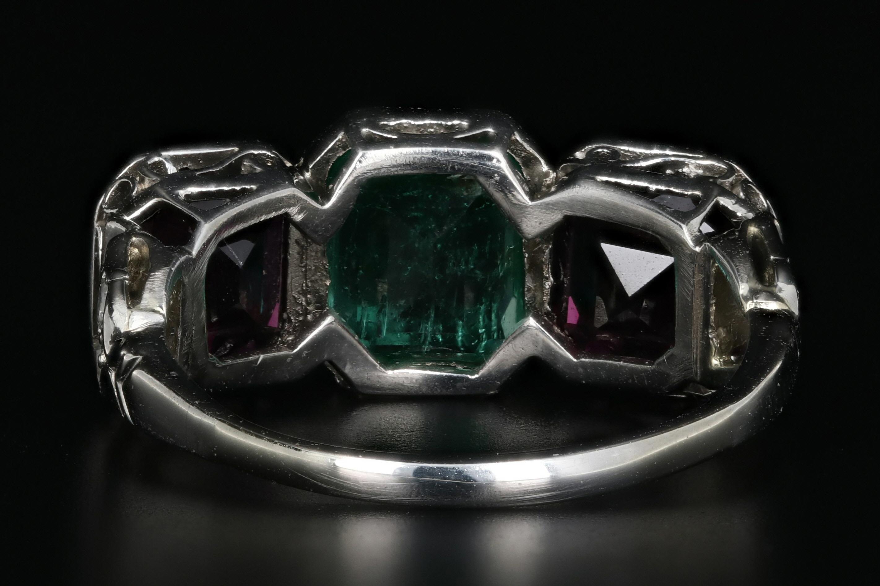Art Deco Platinum Emerald and Almandine Garnet Ring 1
