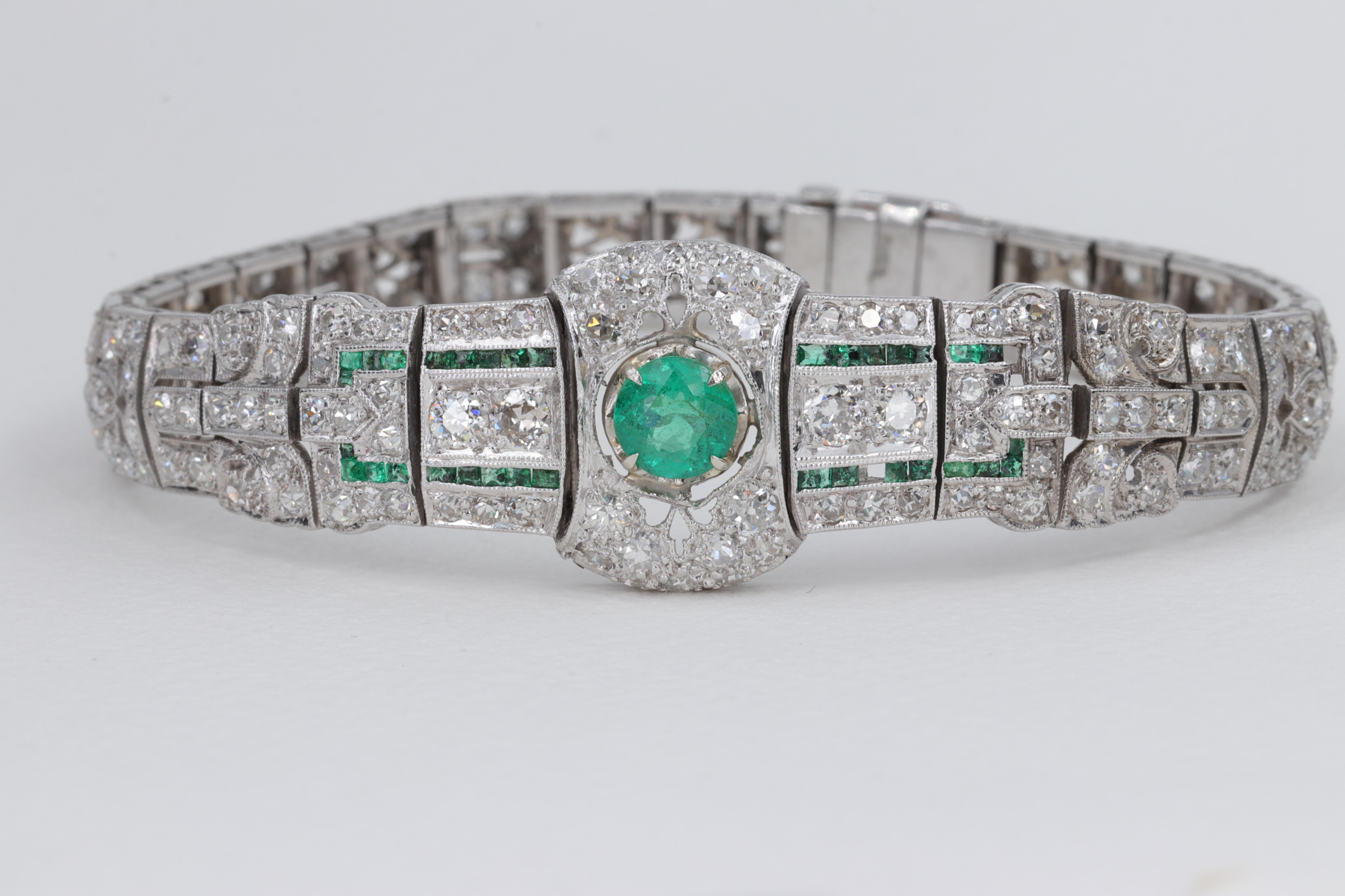 Round Cut Art Deco Platinum, Emerald and Diamond Antique Bracelet