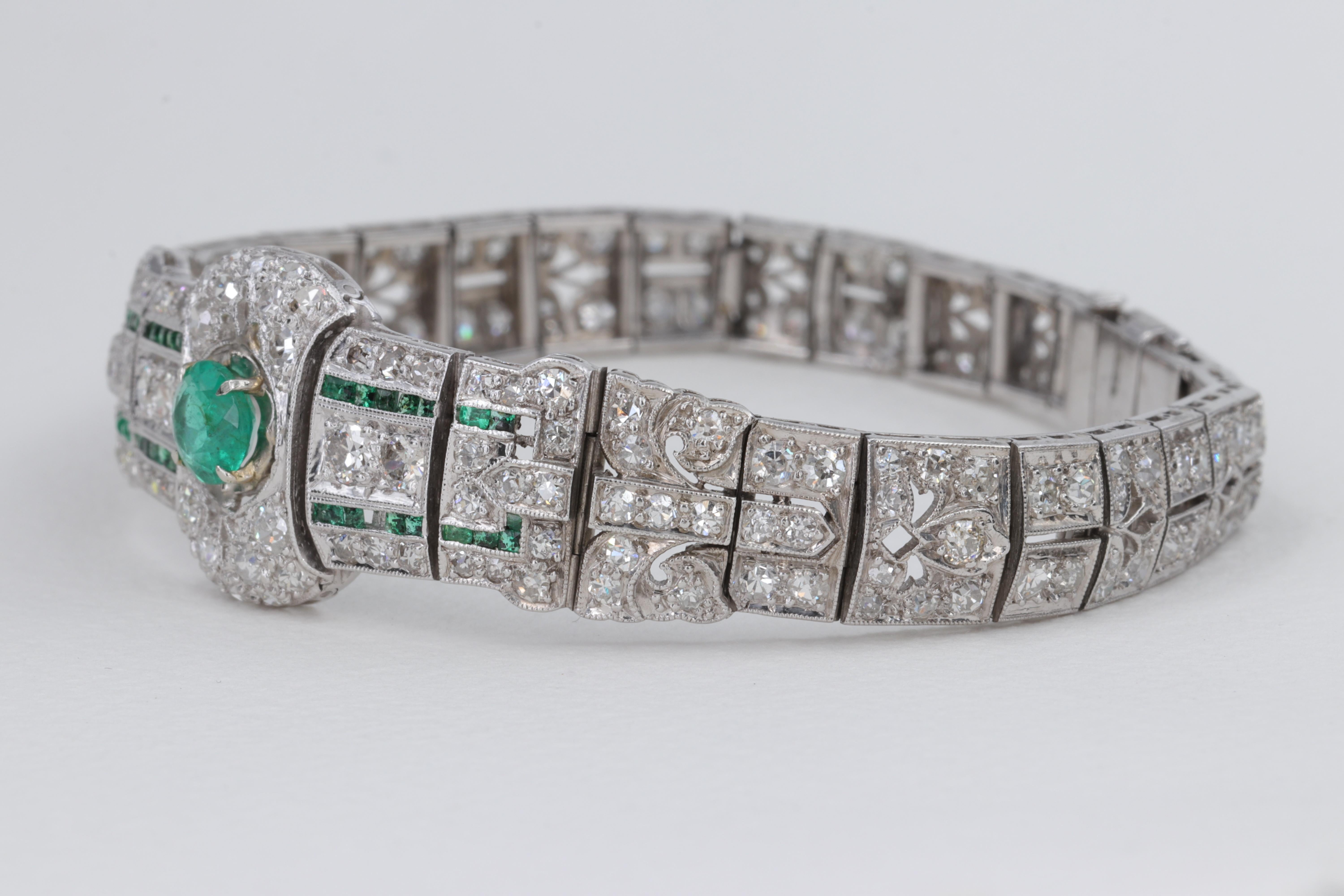 Art Deco Platinum, Emerald and Diamond Antique Bracelet In Fair Condition In Tampa, FL