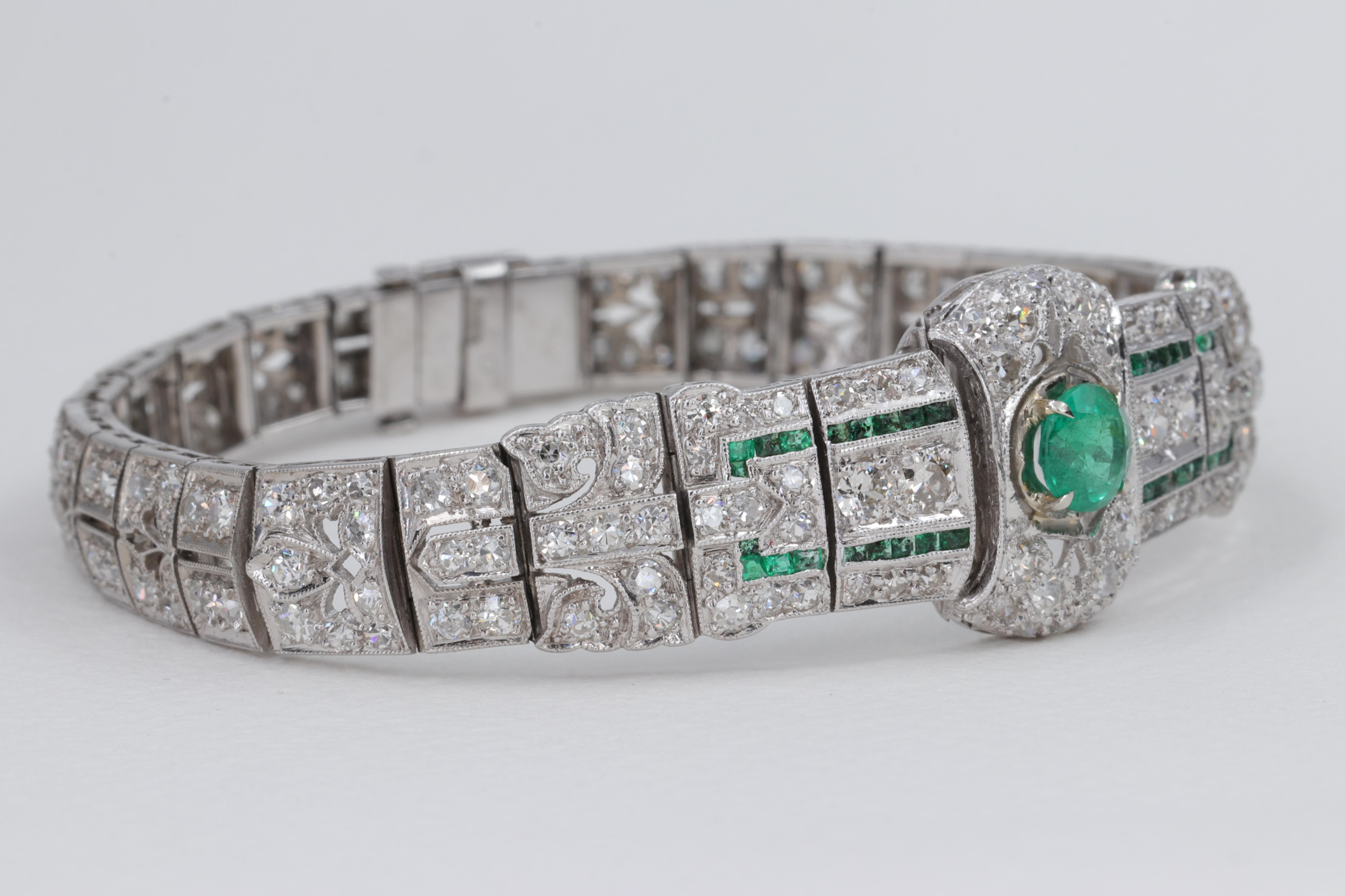 Women's or Men's Art Deco Platinum, Emerald and Diamond Antique Bracelet