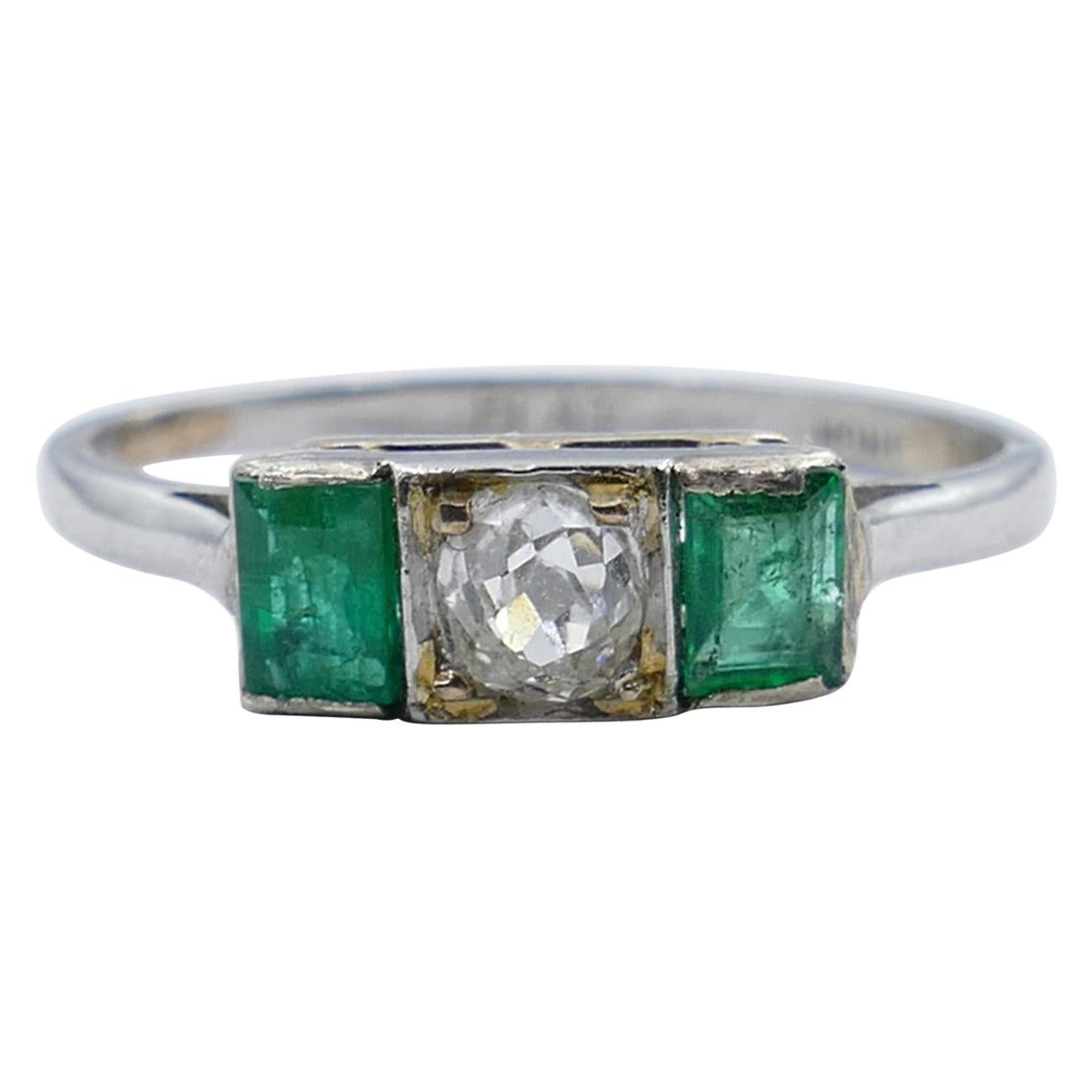 Art Deco Platinum Emerald and Diamond Band Ring For Sale