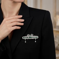 Art Deco Platinum Emerald and Diamond Bow Brooch with Diamond Drops