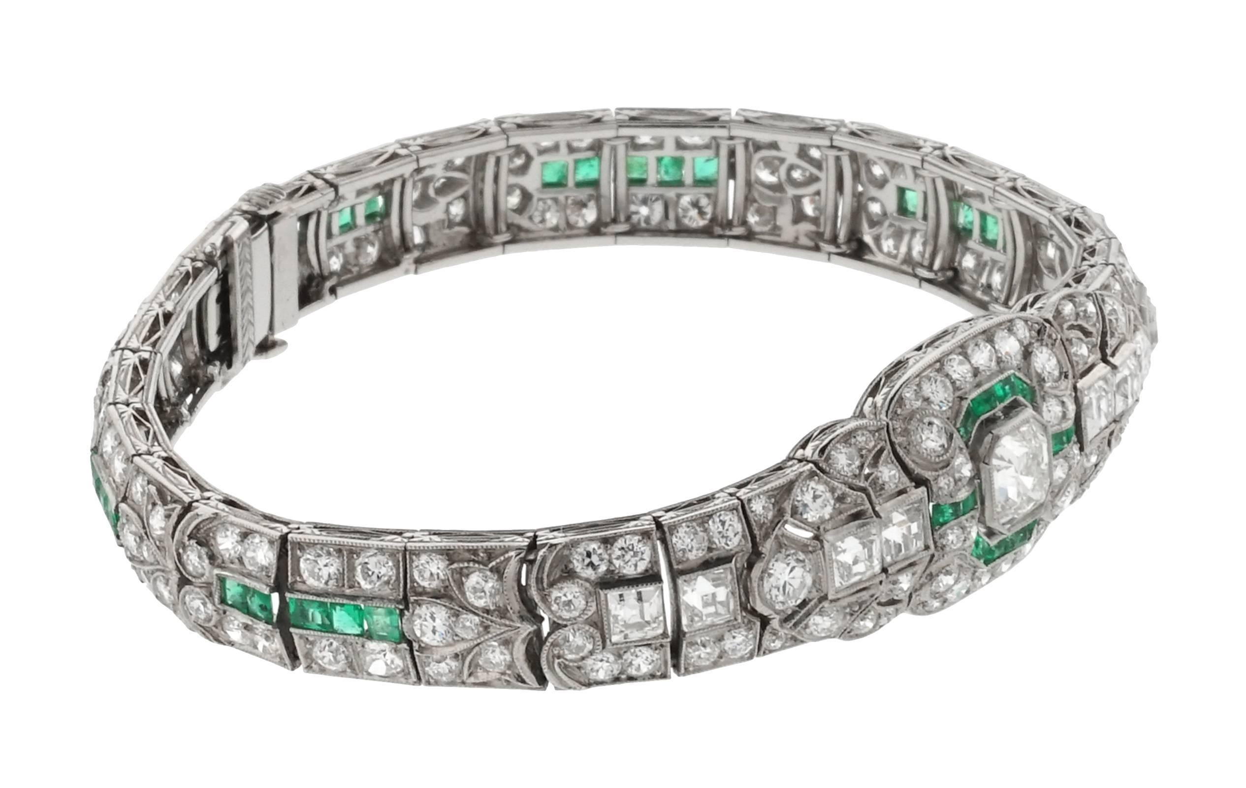 This bracelet is 7 inches in length, made of platinum, and weighs 24.60 DWT (approx. 38.26 grams). It contains one asscher I color, SI1 clarity diamond weighing 1.10 CTTW, 8 square H-I color, VS clarity diamonds weighing 2.00 CTTW, 162 european G-H