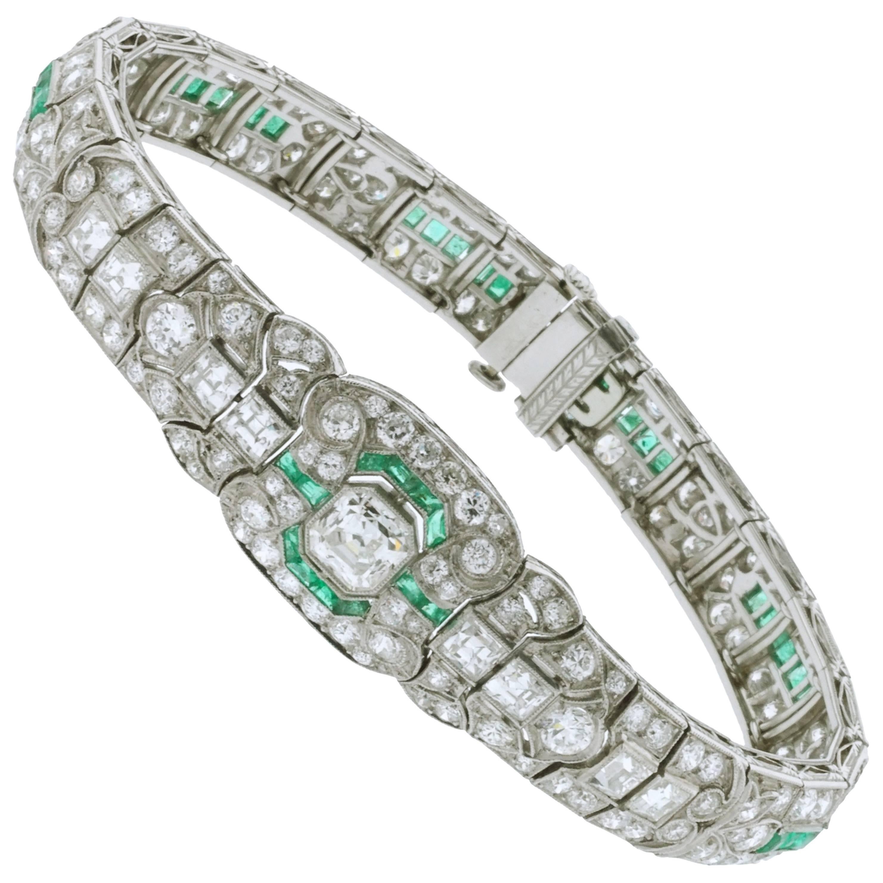 Art Deco Platinum Emerald and Diamond Bracelet