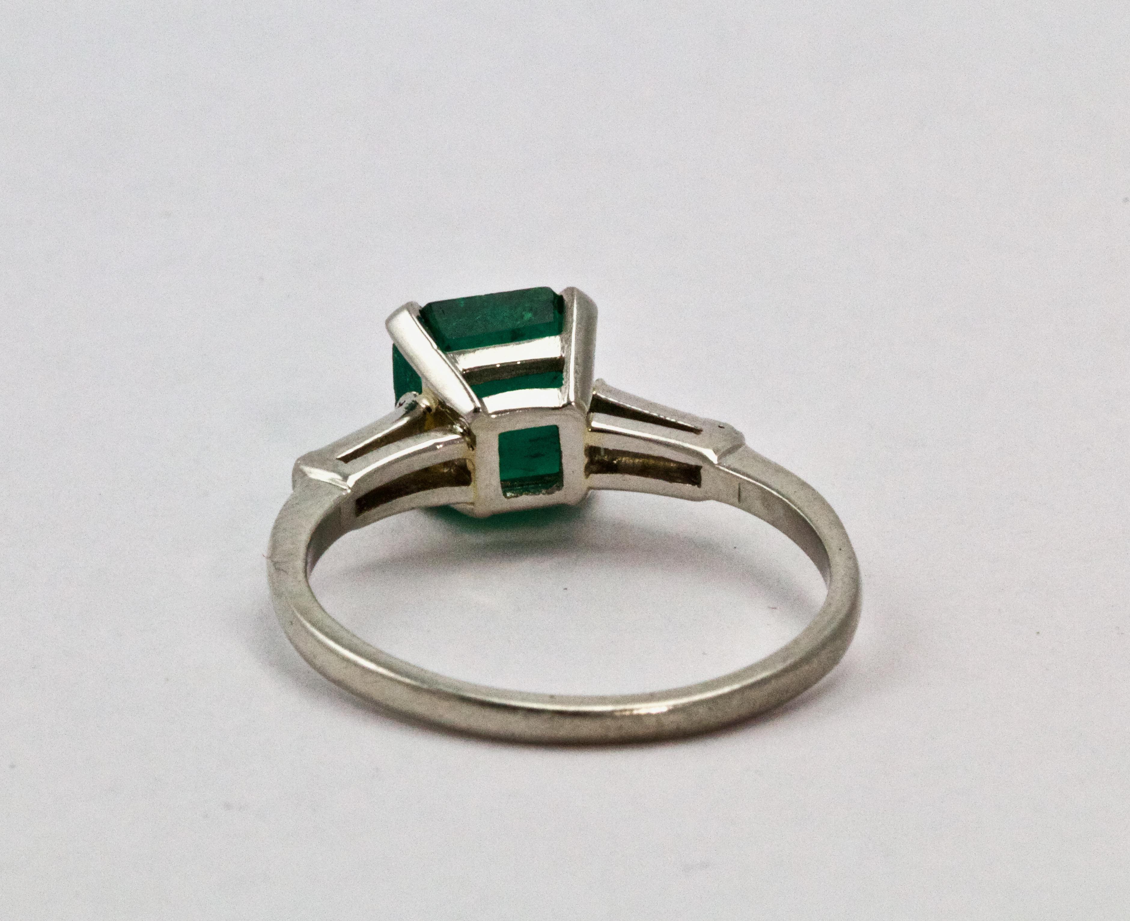 Art Deco Platinum Emerald and Diamond Engagement Ring In Excellent Condition In Chipping Campden, GB