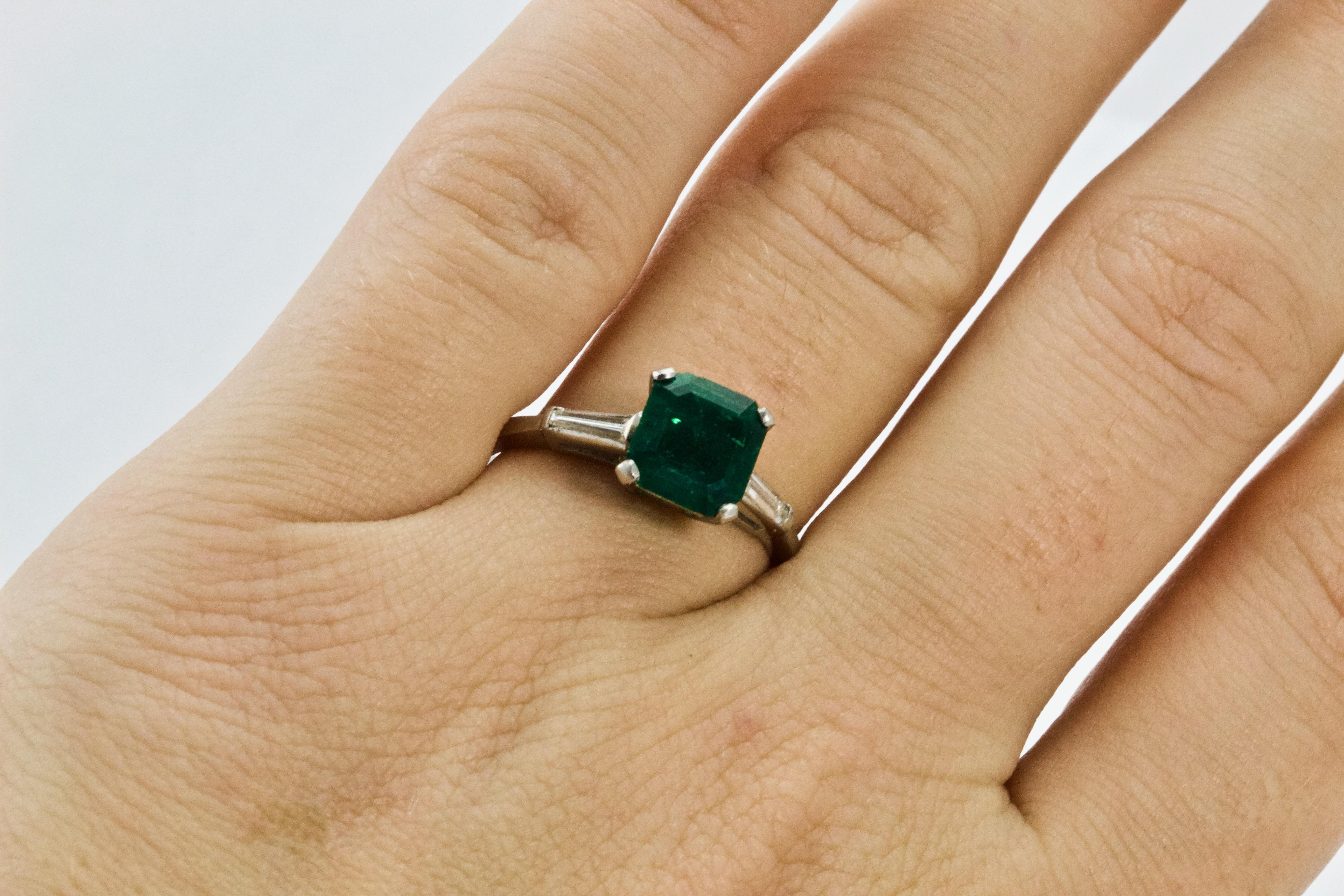 Art Deco Platinum Emerald and Diamond Engagement Ring 1