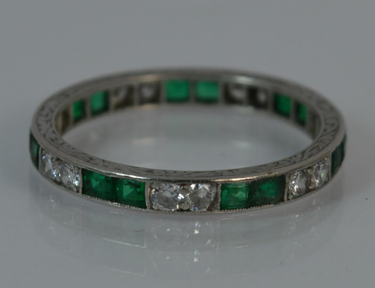 Art Deco Platinum Emerald and Diamond Full Eternity Band or Stack Ring 5