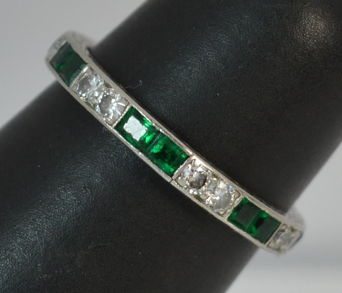 Art Deco Platinum Emerald and Diamond Full Eternity Band or Stack Ring 6