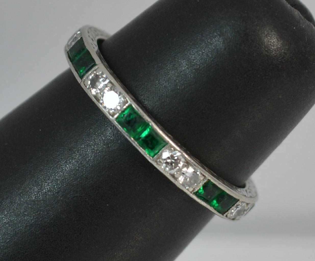 Art Deco Platinum Emerald and Diamond Full Eternity Band or Stack Ring 7