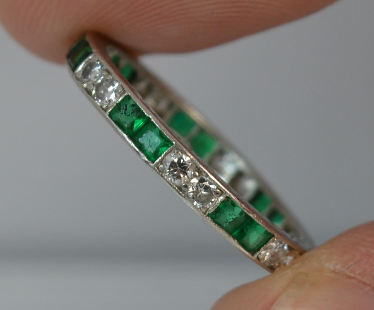 Art Deco Platinum Emerald and Diamond Full Eternity Band or Stack Ring 8