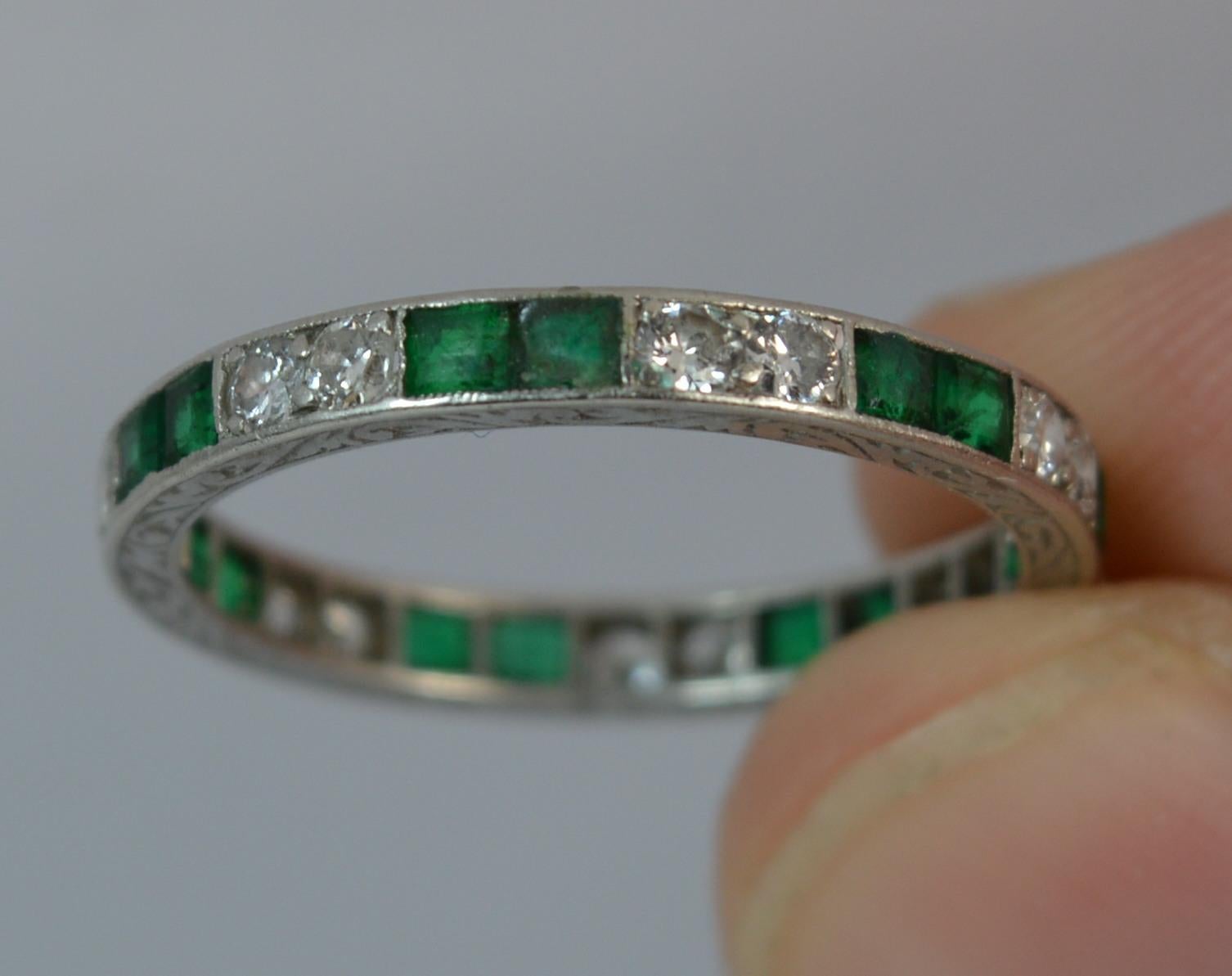 Art Deco Platinum Emerald and Diamond Full Eternity Band or Stack Ring 1