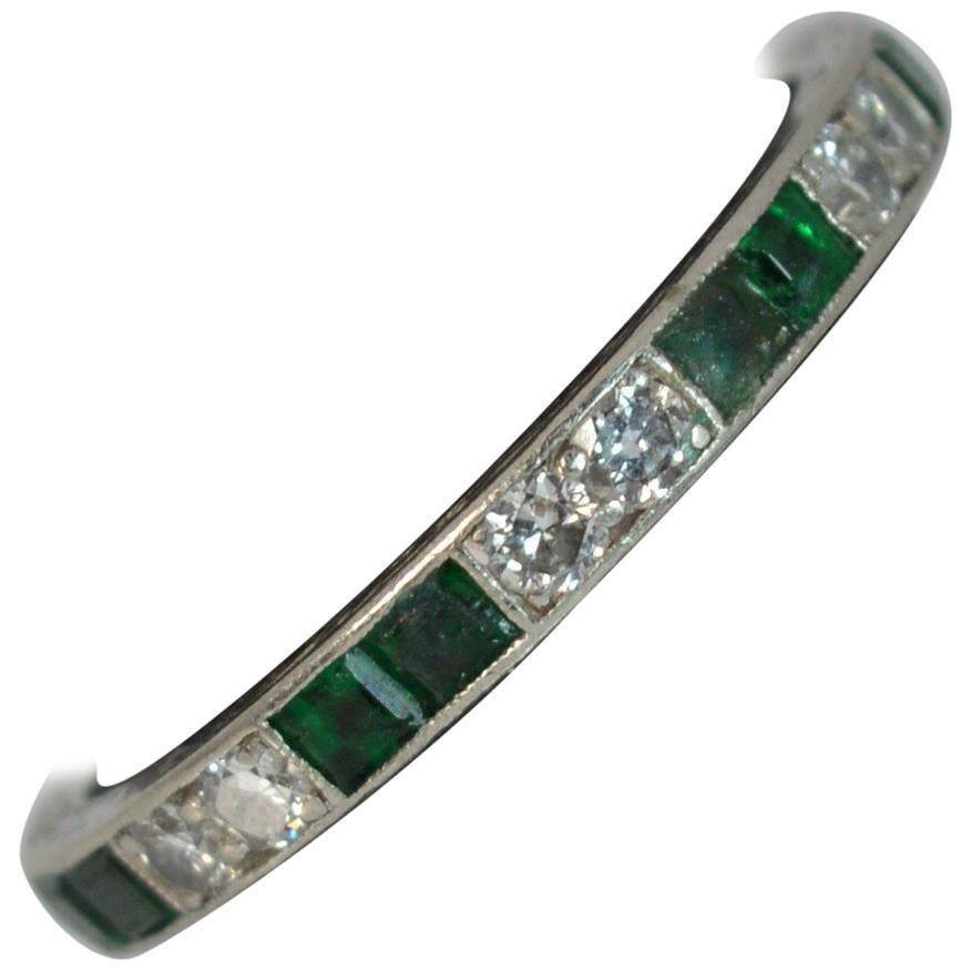 Art Deco Platinum Emerald and Diamond Full Eternity Band or Stack Ring
