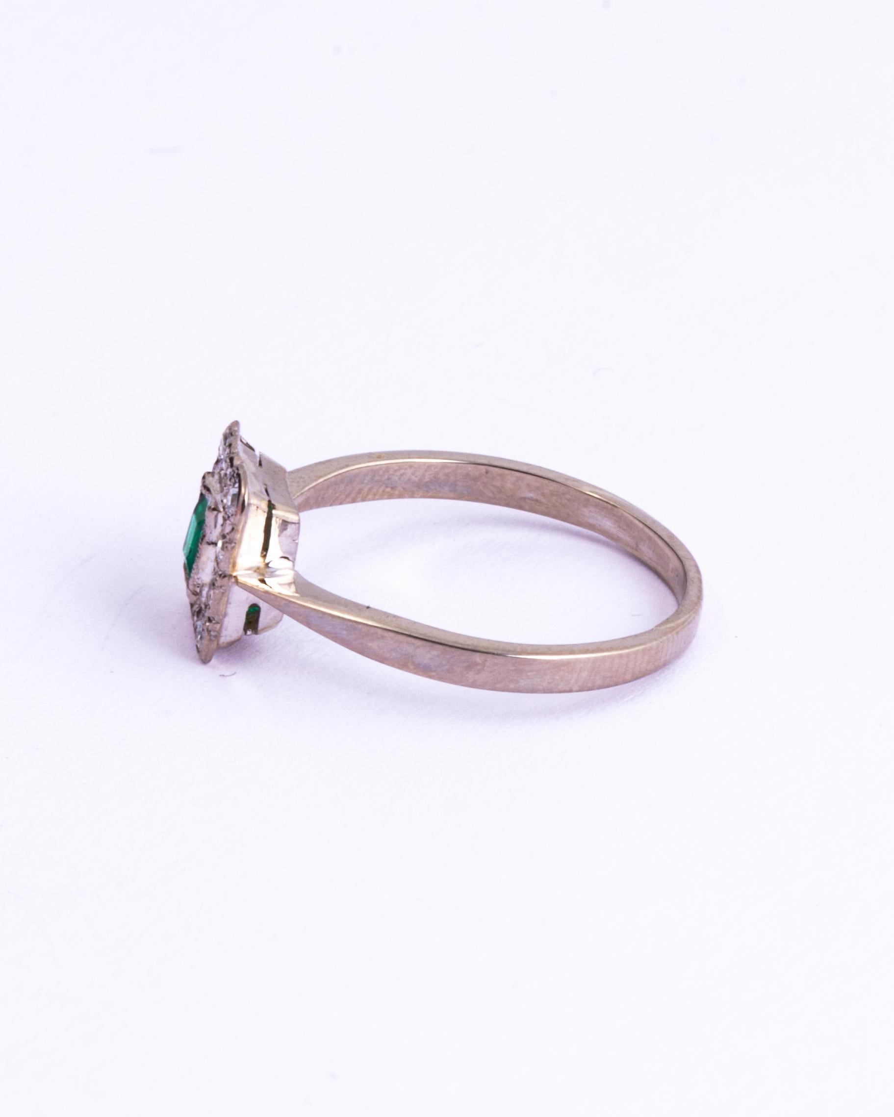 Emerald Cut Art Deco Platinum Emerald and Diamond Panel Cluster Ring