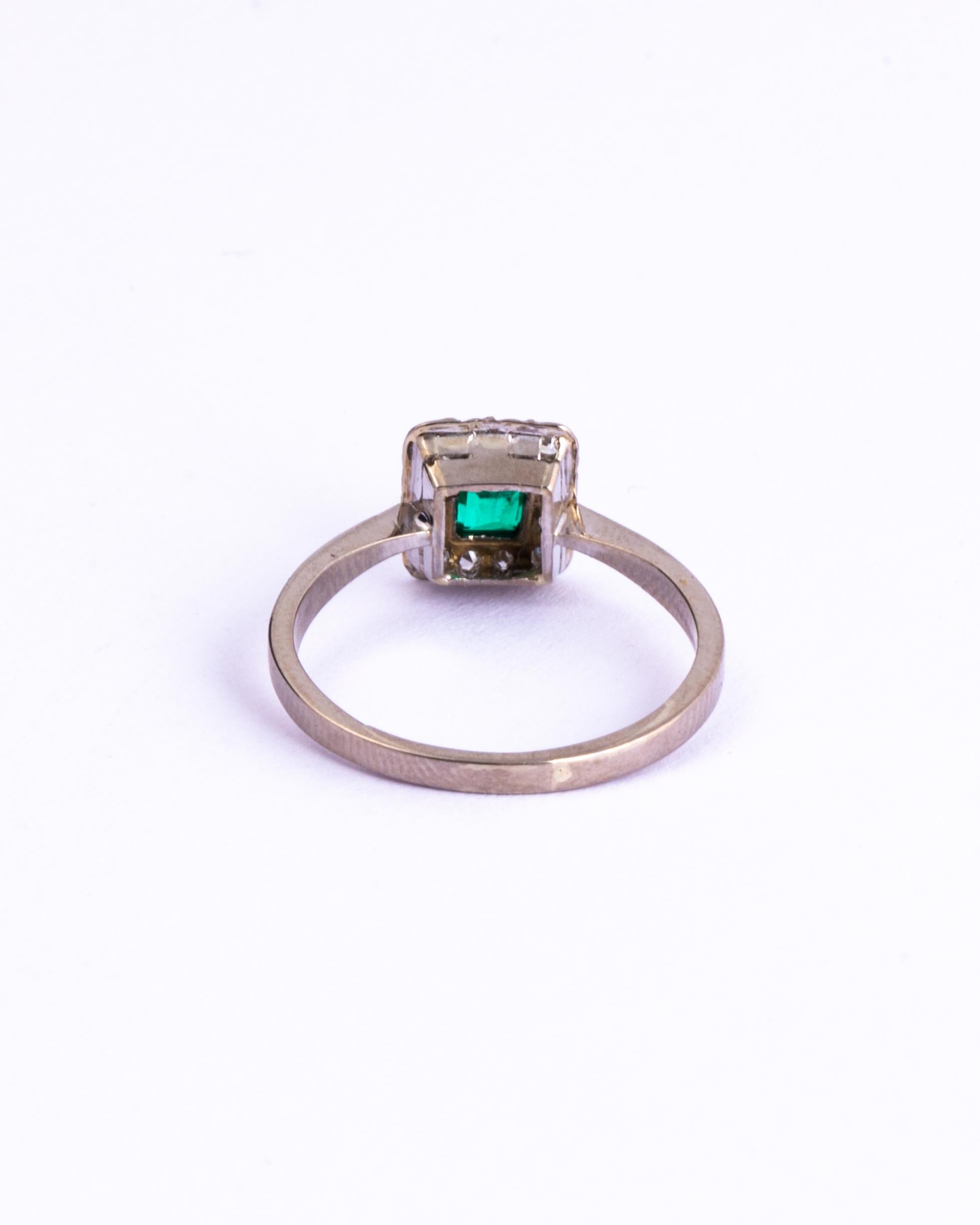 Art Deco Platinum Emerald and Diamond Panel Cluster Ring In Good Condition In Chipping Campden, GB