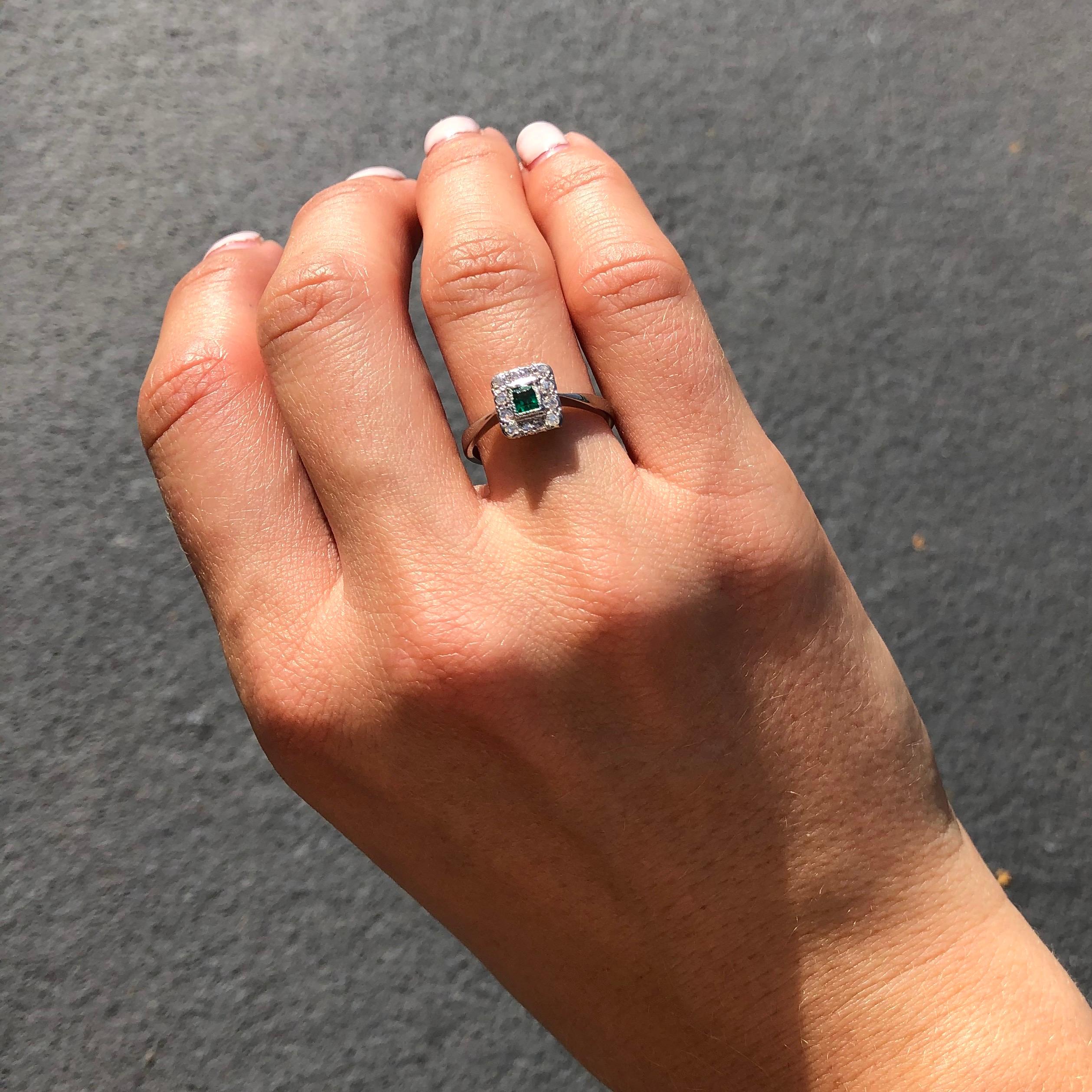 Art Deco Platinum Emerald and Diamond Panel Cluster Ring 1