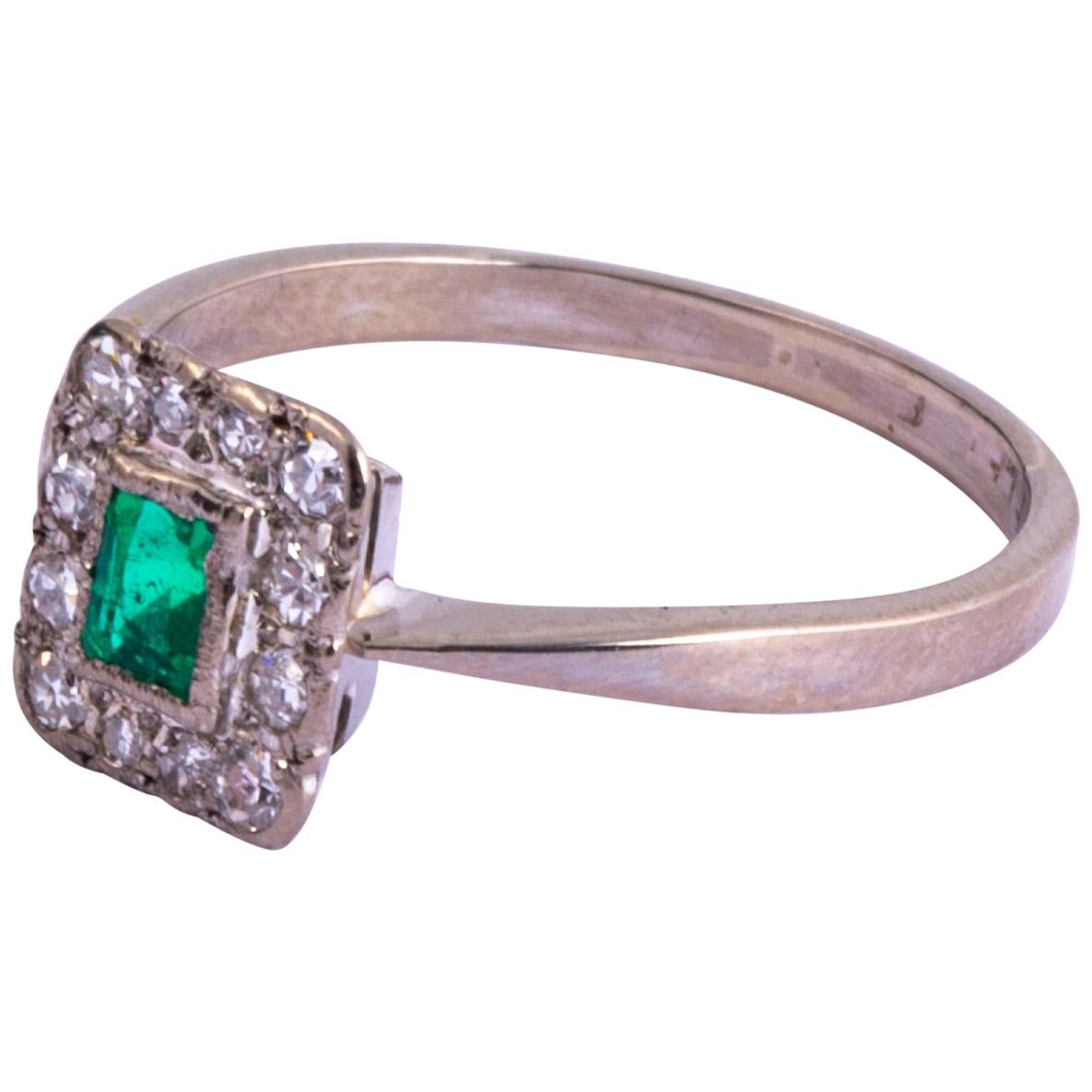 Art Deco Platinum Emerald and Diamond Panel Cluster Ring