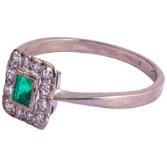 Antique Art Deco Platinum Emerald and Diamond Panel Cluster Ring