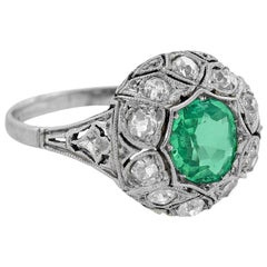 Antique Art Deco Platinum Emerald and Diamond Ring 1 Carat Center
