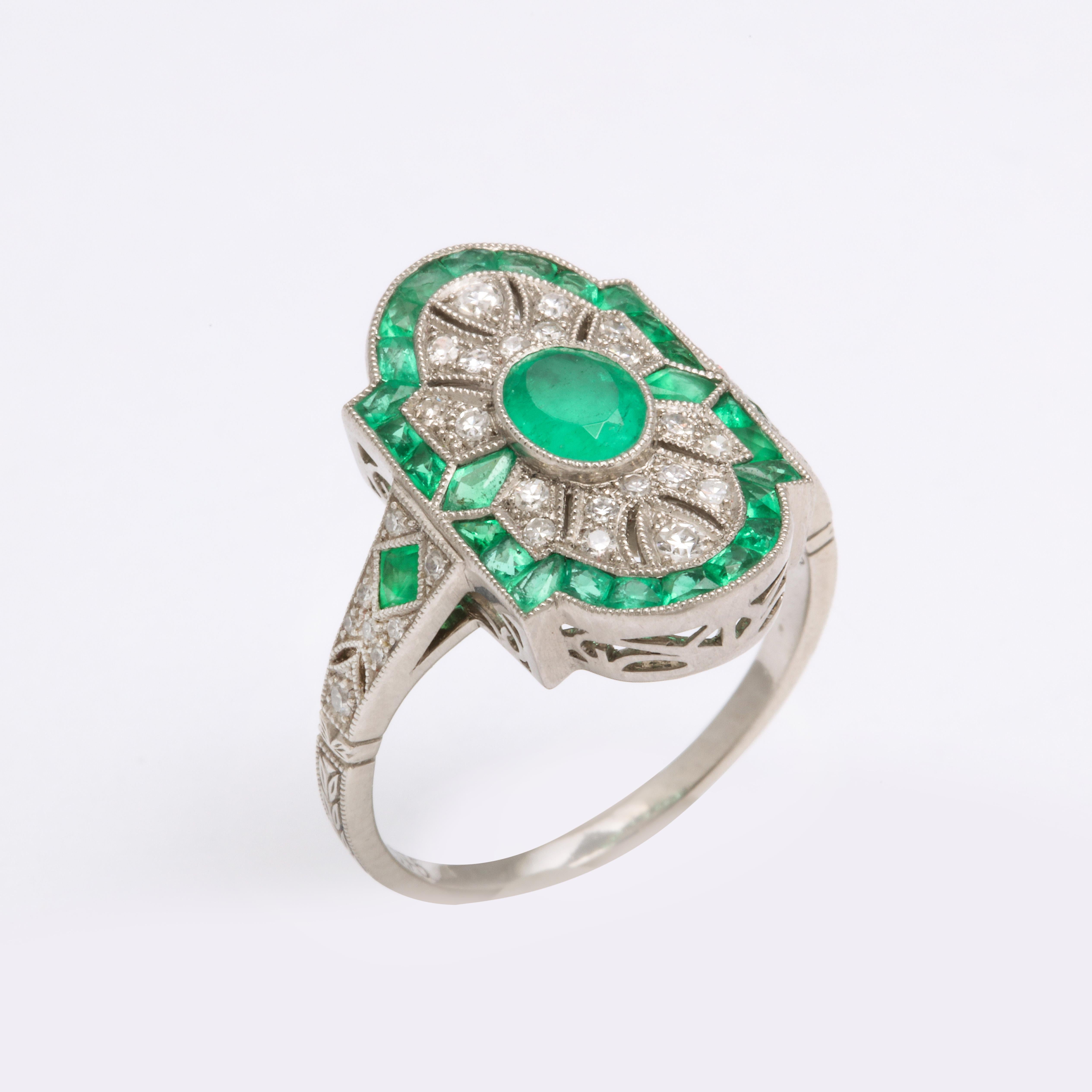 Mixed Cut Art Deco Platinum Style Emerald and Diamond Ring