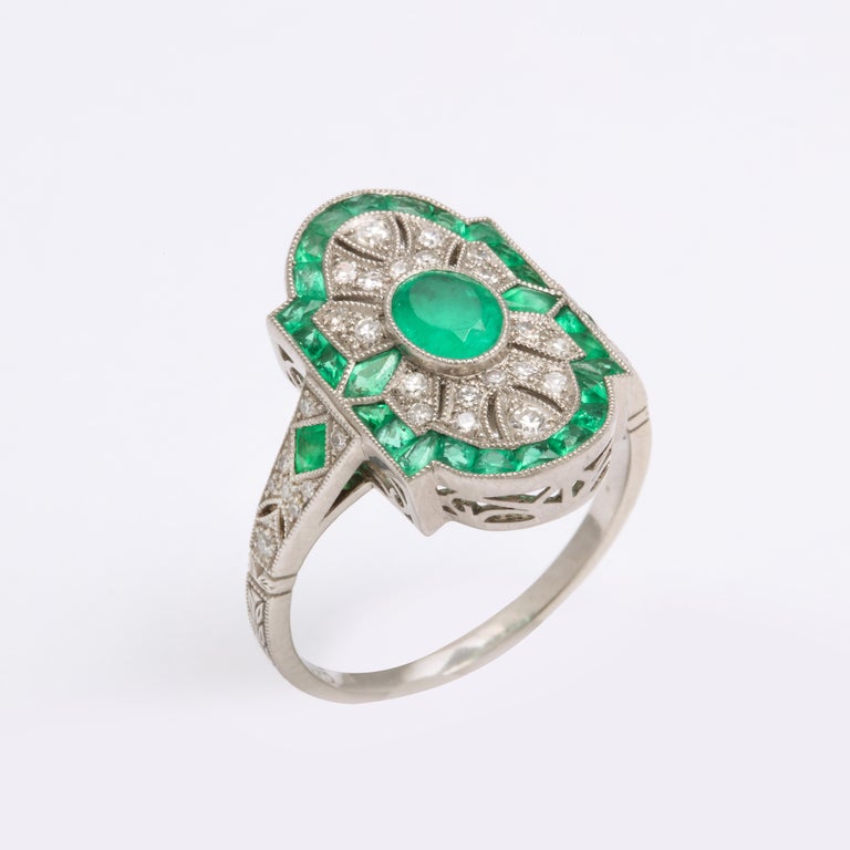 Mixed Cut Art Deco Platinum Style Emerald and Diamond Ring For Sale
