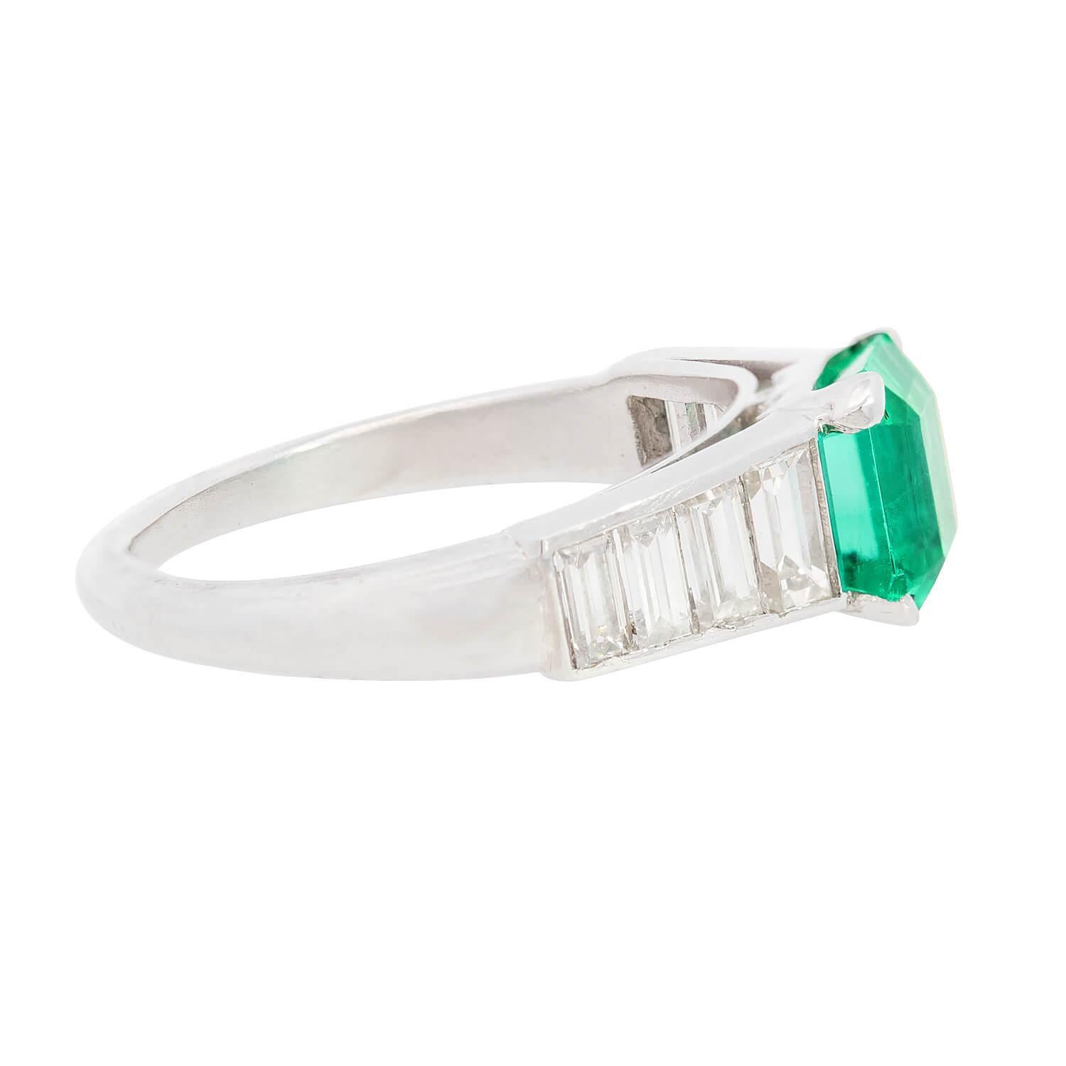Square Cut Art Deco Platinum Emerald and Diamond Ring For Sale