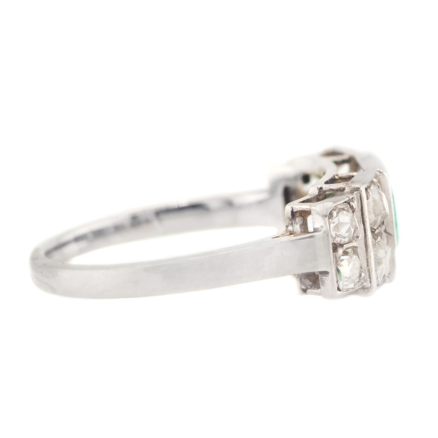 Round Cut Art Deco Platinum Emerald and Diamond Ring For Sale