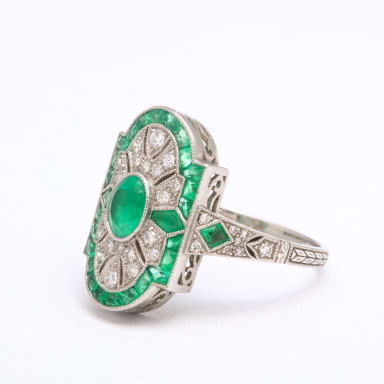 Art Deco Platinum Style Emerald and Diamond Ring In Excellent Condition For Sale In Stamford, CT